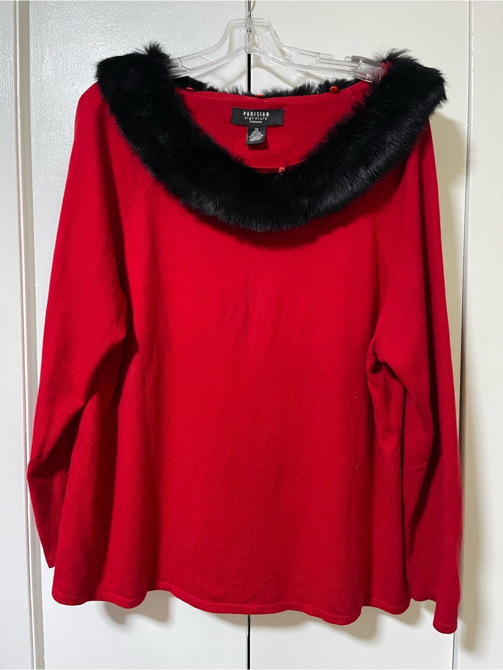 Vintage Parisian Signature Red Off-Shoulder Sweater with Black Faux Fur Trim